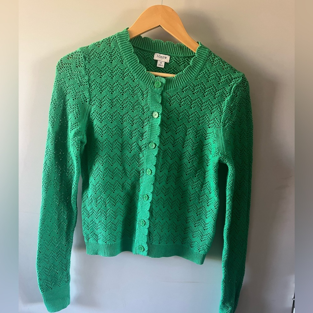 J.Crew Factory Scalloped Pointelle Cardigan Sweater Bright Green Small